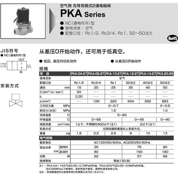 CKD喜開理空氣用先導突跳式2通電磁閥PKA-14-27-C-3M-AC100V