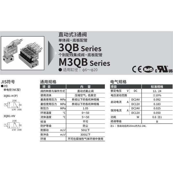 CKD喜開理直動式3通電磁閥M3QB180-M5-D2NHV-20-4