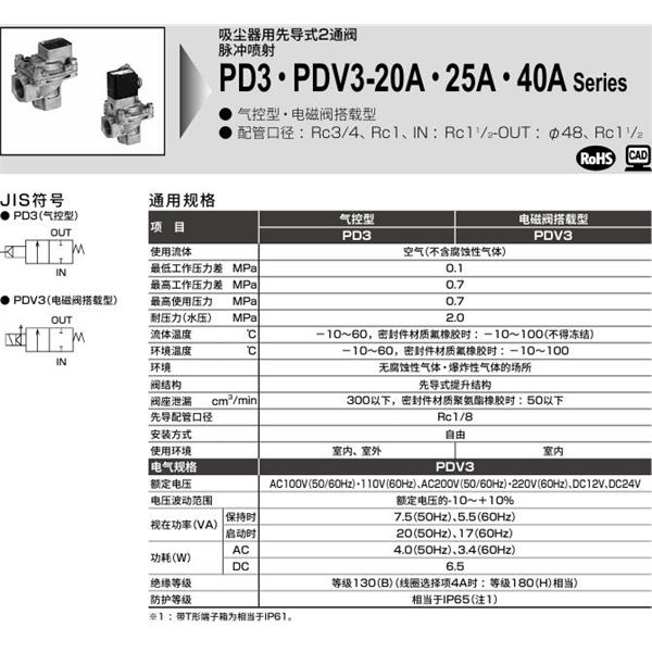 CKD喜開理脈沖噴射閥PDV3-40A·RC-F2CS-AC100V