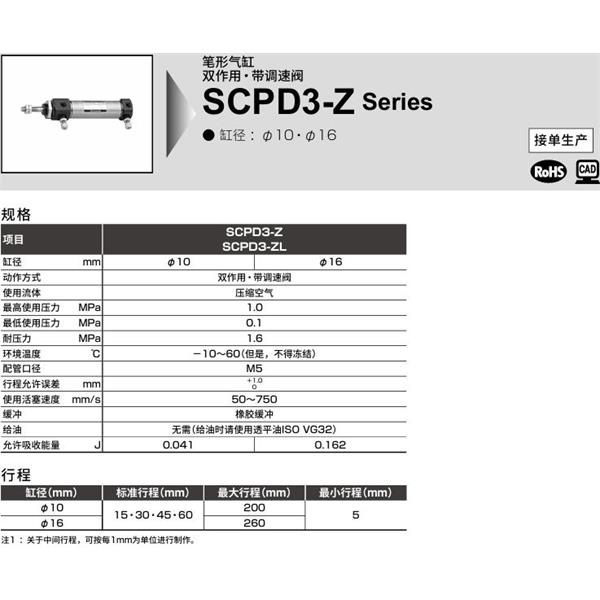 CKD喜開(kāi)理筆形氣缸SCPD3-ZL-FA-16-250-T5H-T-Y