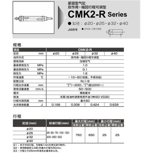CKD喜開理緊固型氣缸CMK2-R-LS-20-50-25-T0H-R-J-I